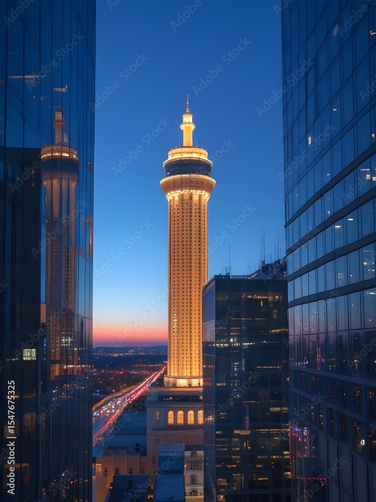 Fototapeta premium Evening cityscape with glowing tower and reflections in glass buildings at blue hour