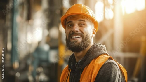 Smiling Construction Worker in Safety Gear at Industrial Site During Golden Hour
