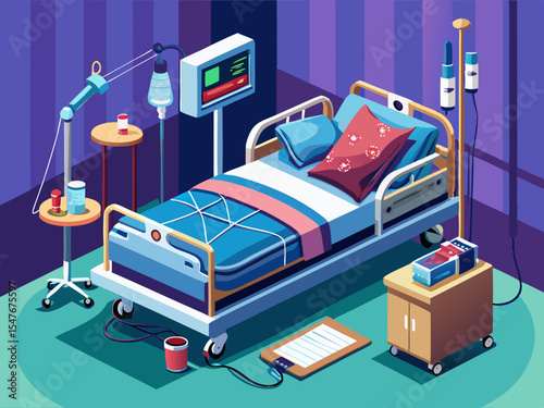 vector of The bed is equipped with devices that are used to care for the patient who is in bed.