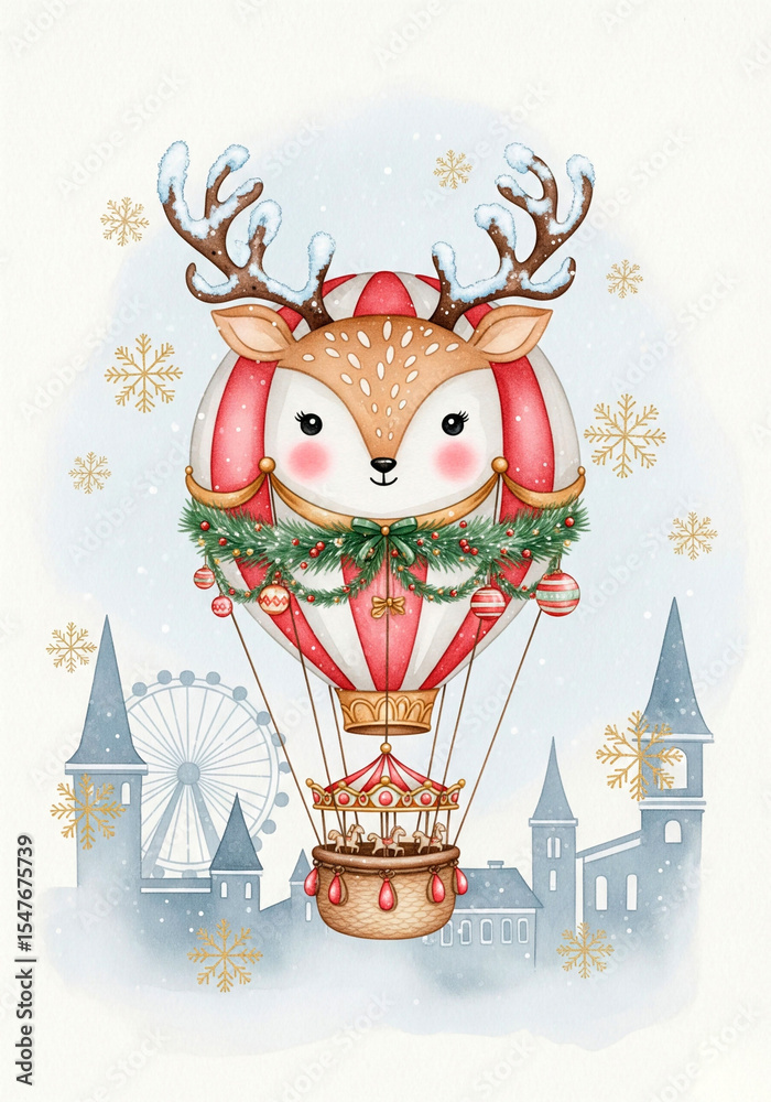Fototapeta premium Festive Winter Hot Air Balloon with Adorable Deer, Snowflakes, and Fairground - Perfect Christmas Illustration