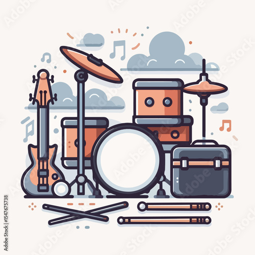 Flat style illustration of various musical instruments including a drum set, bass guitar and cymbals.  It features a circular composition with a light background.