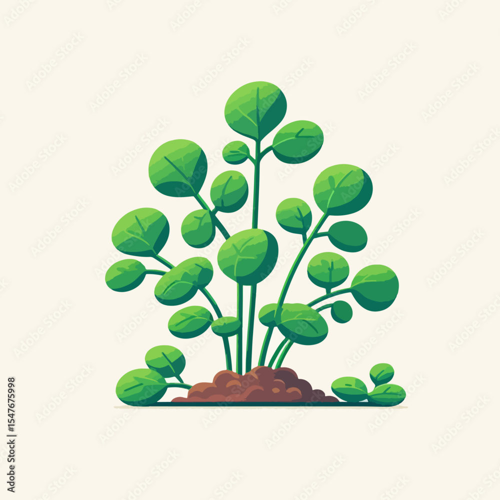Obraz premium Digitally rendered, stylized illustration of a plant with rounded leaves and stems, set against a light background, showcasing a simple, flat design style.