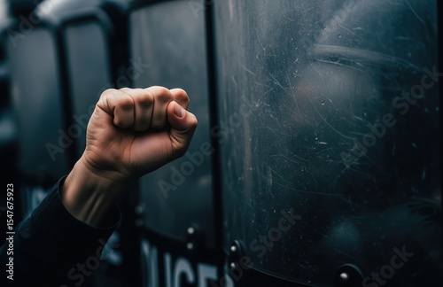 Clenched Protester Fist Inches From Police Riot Shield in Tense Standoff With Sharp Contrast Between Flesh and Armor in Charged Urban Moment
