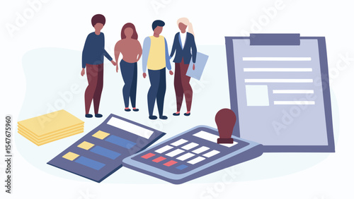 Illustration of a group of people standing near paperwork and office supplies on a white background