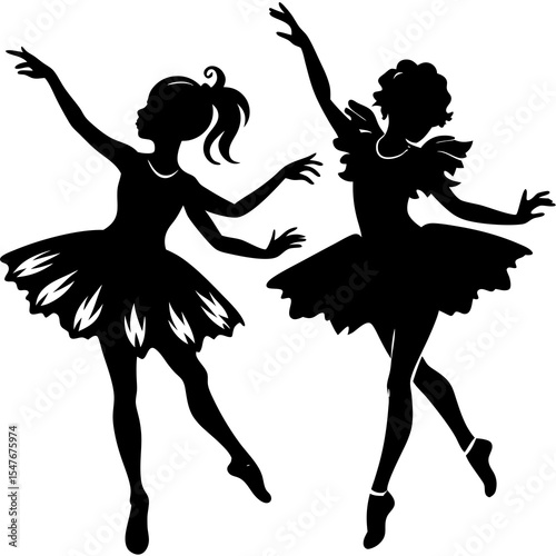 Two ballerina silhouettes in graceful poses isolated on white background