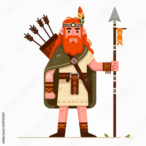 Stylized illustration of a male warrior, showcasing elaborate traditional attire and weaponry.  He is posed in a dynamic stance, ready for action.