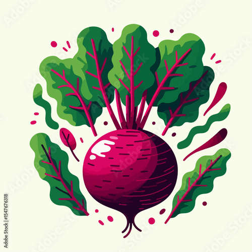 Graphic illustration of a beet, highlighting its deep red color and surrounding leaves, presented with vibrant color palettes.