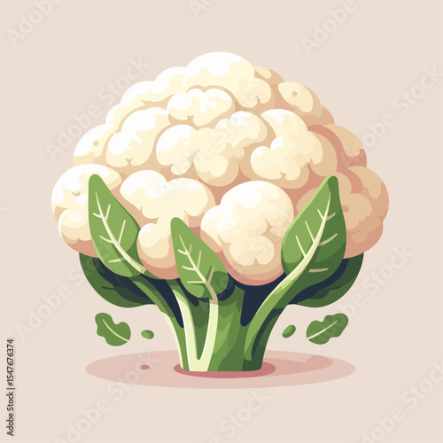 Vibrant, stylized illustration of a cauliflower head with vivid green leaves, positioned against a light beige backdrop.  The cartoonish style and color palette lend a cheerful aesthetic.