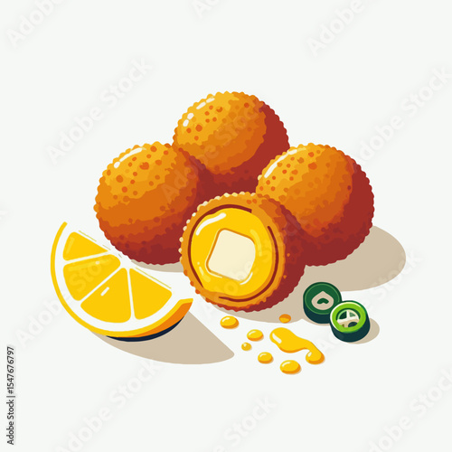 Three round, golden-brown balls, likely a food item, served with a lemon slice and spicy peppers.  A cut-away view reveals a cheesy interior.