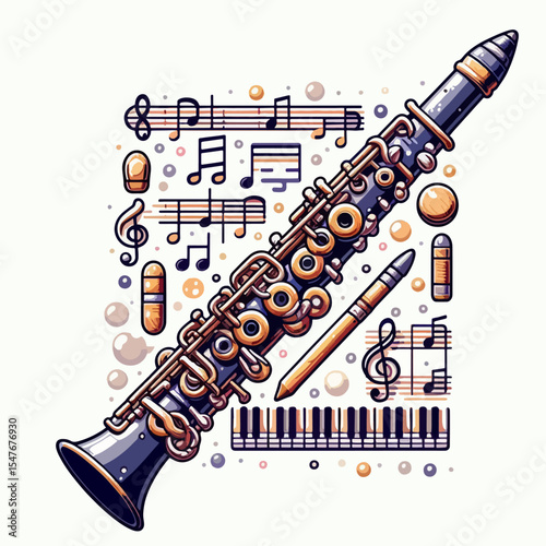 Clarinet, musical notation, and accessories are displayed in a colorful, graphic design.