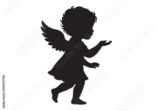children angel little girl with wings of silhouette vector, silhouette angel girl with wings, children angel little girl logo design on a white background.