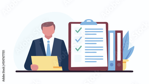 Illustration of a businessman holding a file next to a checklist and binders on a black surface