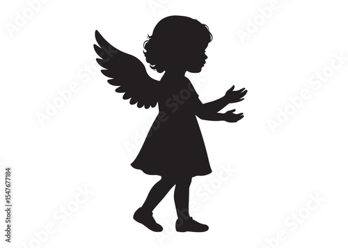 children angel little girl with wings of silhouette vector, silhouette angel girl with wings, children angel little girl logo design on a white background.