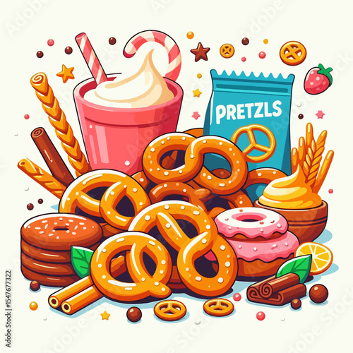 Vibrant, cartoonish display of diverse sweet and savory treats, including pretzel, doughnuts,  milkshakes, and candies.  The elements are arranged artistically on a white background.