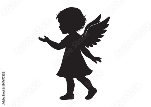 children angel little girl with wings of silhouette vector, silhouette angel girl with wings, children angel little girl logo design on a white background.