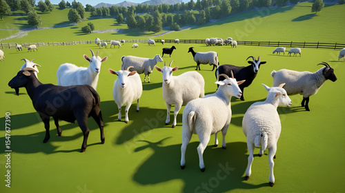 3D Group of Goats and Sheep Grazing Together in Pasture.