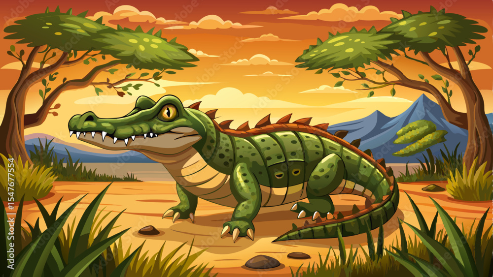 Fototapeta premium Cartoon crocodile standing on dry savanna ground with grass, trees and mountains under an orange sunset sky