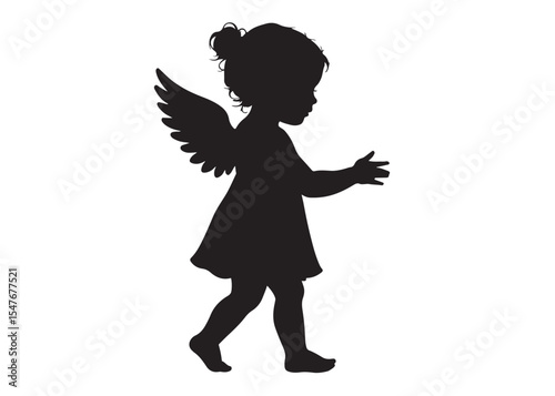 children angel little girl with wings of silhouette vector, silhouette angel girl with wings, children angel little girl logo design on a white background.