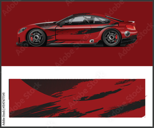 Red Sport Car with Black Racing Stripes and Graphic Wrap Design