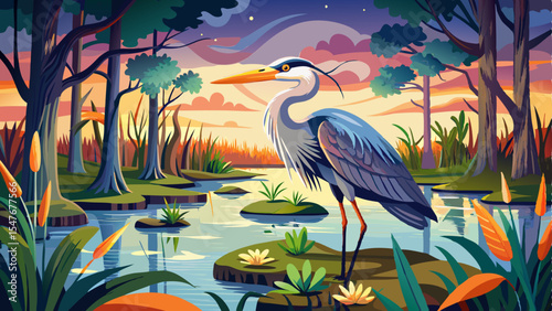 Cartoon heron standing on a lily pad in a swamp at sunset surrounded by trees, flowers and calm water