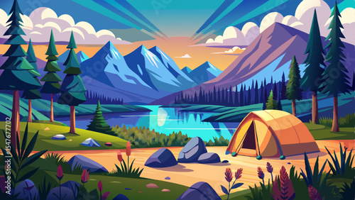 Cartoon tent set up by a lake with snow-capped mountains, pine trees and a colorful sky at sunrise