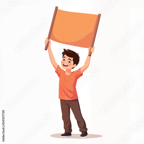 Happy boy holding protest banner, expressing enthusiasm for change