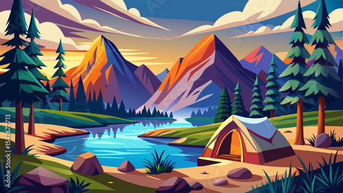 Cartoon tent by a river in a mountain valley surrounded by pine trees and colorful sunset skies