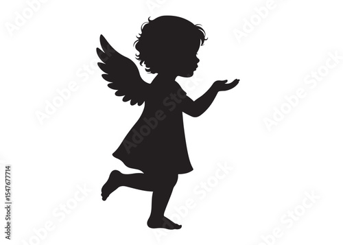 children angel little girl with wings of silhouette vector, silhouette angel girl with wings, children angel little girl logo design on a white background.