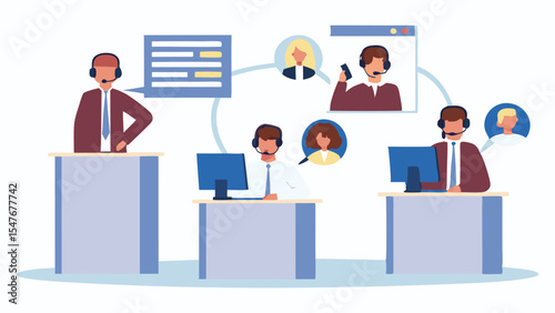 Illustration of call center operators with headsets communicating with customers virtually online