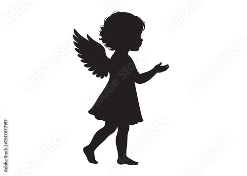 children angel little girl with wings of silhouette vector, silhouette angel girl with wings, children angel little girl logo design on a white background.
