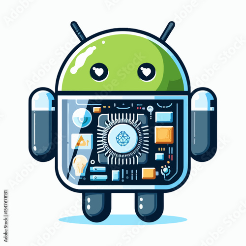 Stylized, friendly robot figure showcasing internal technical components in a vibrant design.  The transparent body reveals intricate circuits and a central processor.