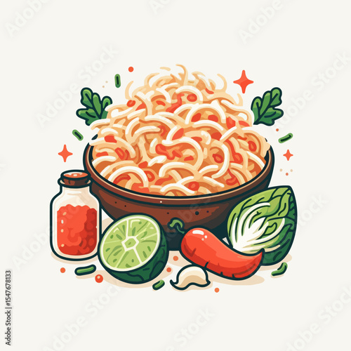 Vibrant graphic depiction of a bowl of noodles with various Asian-inspired food elements, showcasing a stylized composition.
