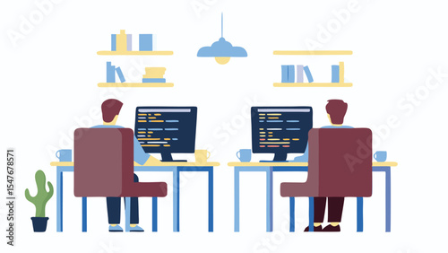Two programmers working at their desks with computers and code displayed on the screens in a bright office space