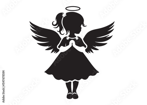 children angel little girl with wings of silhouette vector, silhouette angel girl with wings, children angel little girl logo design on a white background.
