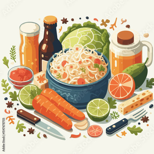 Vibrant, illustrated composition showcasing fermented cabbage with a variety of accompanying vegetables, fruits, and drinks.  The items are arranged in a circular pattern around a central bowl.