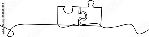 One-line drawing of connected puzzle pieces, symbolizing teamwork, collaboration, unity, and problem-solving. Perfect for business or creative concepts.