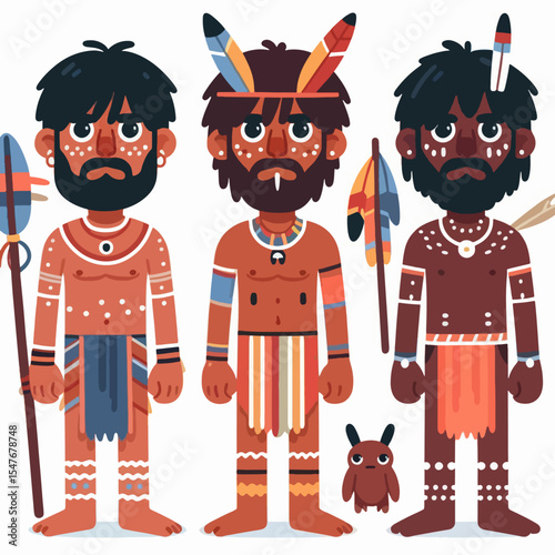 Stylized graphic illustration of three men with tribal markings and adornments,  in traditional clothing, showcasing different color patterns and designs, against a white background.