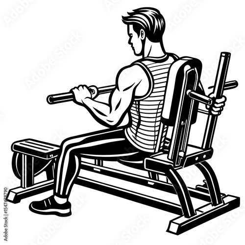 Man exercising with weightlifting machine isolated on white background