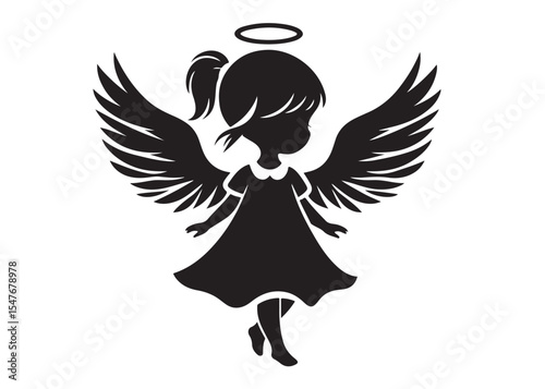 children angel little girl with wings of silhouette vector, silhouette angel girl with wings, children angel little girl logo design on a white background.
