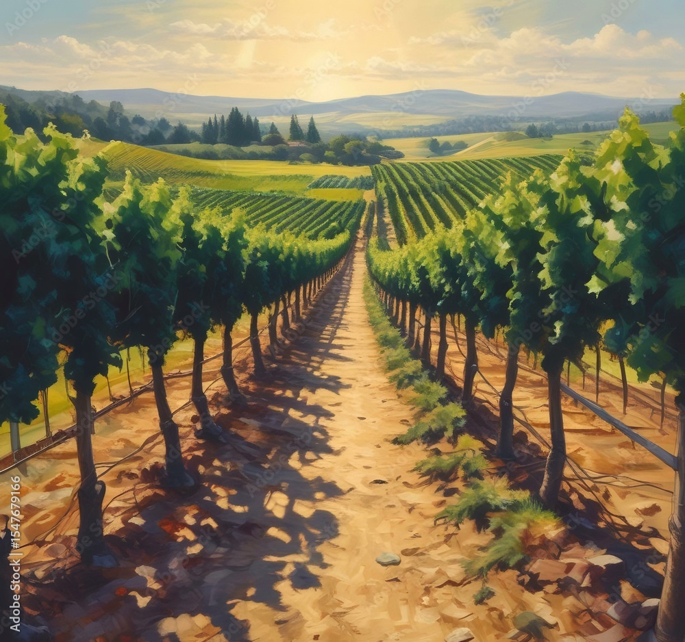 Naklejka premium Illustration of path in wineyard field.