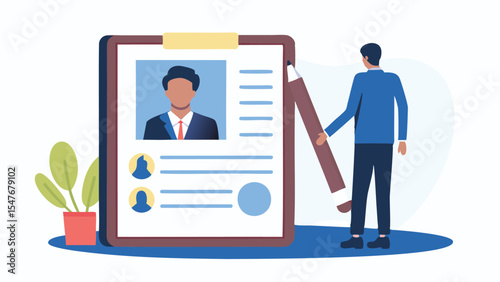 Illustration of a man holding a large pencil next to a clipboard with a profile and information
