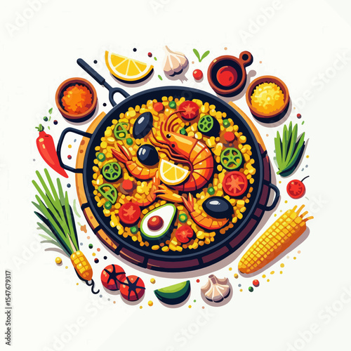 Vibrant illustration of paella, a Spanish rice dish, surrounded by its various components.  Fresh ingredients and colorful presentation highlight the dish.