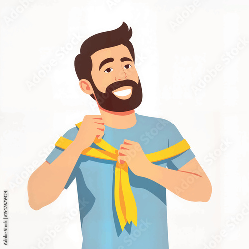 Man smiling while tying yellow ribbon, joy of creativity