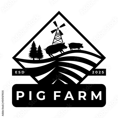 Farm pig logo design vector template. Vintage Retro Farm logo design