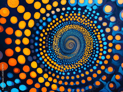 A blue and orange circular pattern with many circles of varying sizes creates the illusion of movement in the background. The movement or fluidity, as if you see everything spinning around each other 