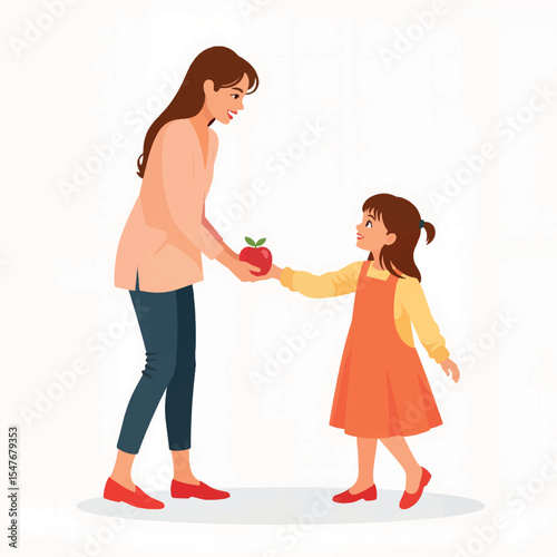 Woman joyfully giving apple to smiling child, nurturing connection