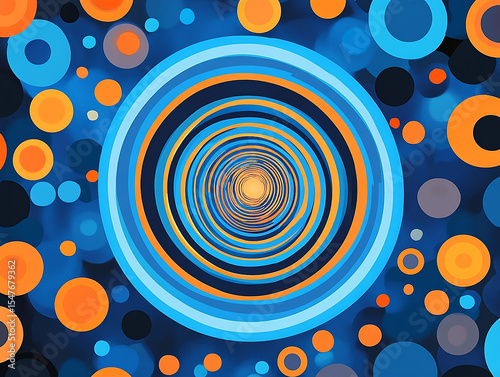 A blue and orange circular pattern with many circles of varying sizes creates the illusion of movement in the background. The movement or fluidity, as if you see everything spinning around each other 