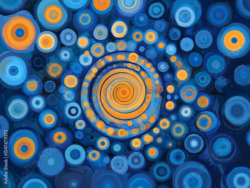 A blue and orange circular pattern with many circles of varying sizes creates the illusion of movement in the background. The movement or fluidity, as if you see everything spinning around each other 