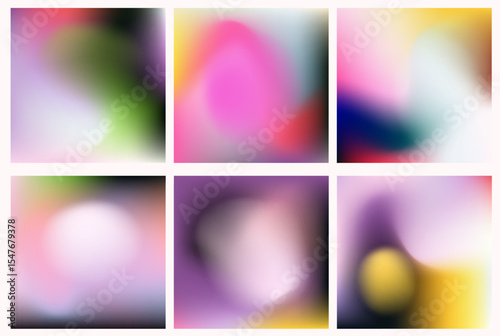 Vector illustration of soft, abstract, gradient backgrounds with blurred shapes. Pastel yellow, pink, purple, and blue dominate, reflecting the trendy “blurred gradient” minimalistic style.