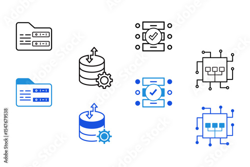 Data Analytics line and flat Icons set. Database, statistics, server, network, big data, data processing, data mining, monitoring, computing icons. Editable vector illustration